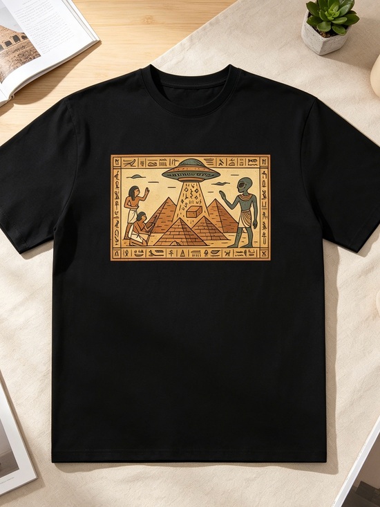 wendelra Other - Black Graphic Tee with Ancient Egyptian UFO Motif  summer